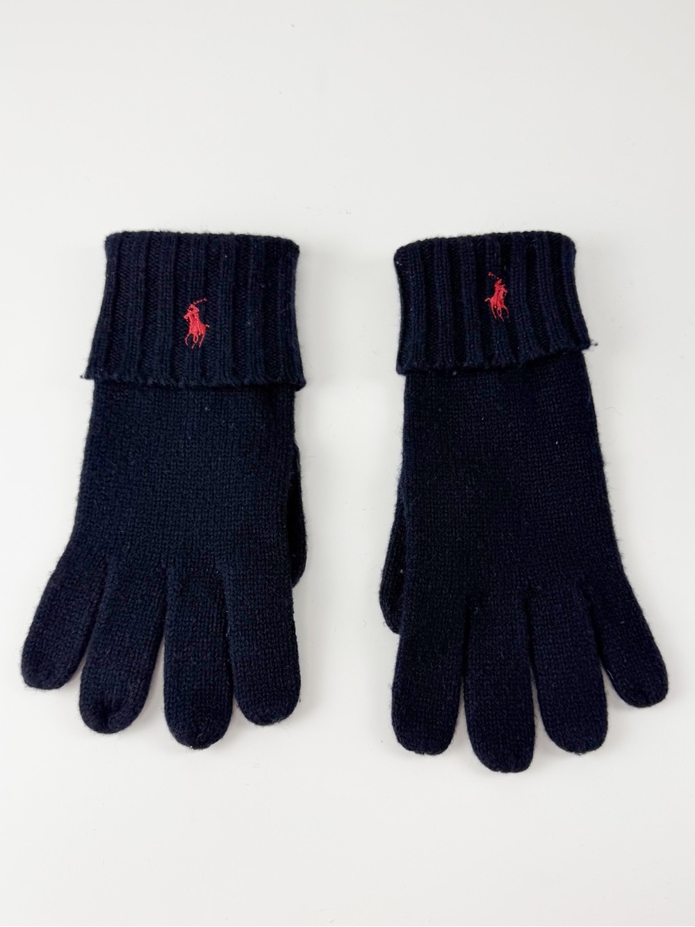 Polo Ralph Lauren Mens Gloves One Size Navy Blue Lambswool Nylon Red Pony Knit